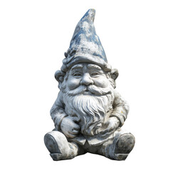 Fototapeta premium Garden Gnome With Blue Attire and Red Hat Holding a Stone in Sunny Backyard Setting