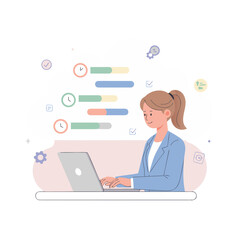 Businesswoman Adjusting Multiple Time Zones On A Digital Interface Using A Laptop In A Modern Office Setting With A Flat Vector Style