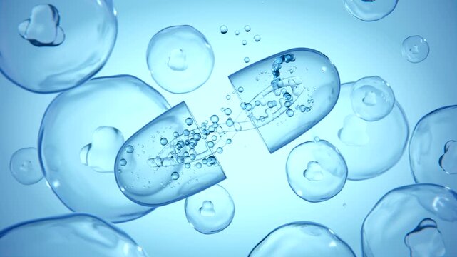Concept health and beauty. Blue capsules and dna, slowly spin against blue backdrop. Drugs, pills, tablets, medicine concept. 3d render animation 4k