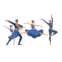 Ballet Dancers in Blue and Gold Costumes Perform Graceful Choreography on Stage © Dewa