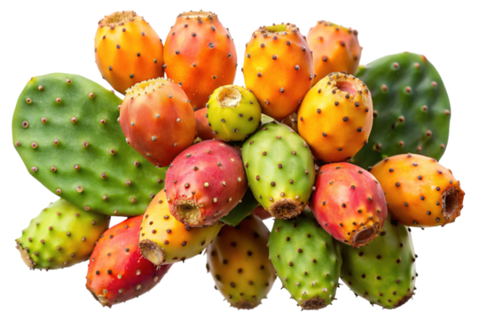 A vibrant colorful assortment of prickly pear cactus fruits and pads displayed together isolated on transparent background