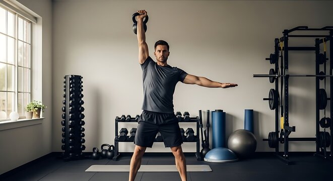 Man Performing Kettlebell Swing Exercise in Modern Home Gym - Powered by Adobe