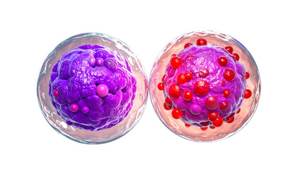 Two microscopic cell diagrams, one purple, the other pink with red inclusions