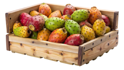 A rustic wooden crate overflowing with a vibrant assortment of ripe prickly pear cactus fruits isolated on transparent background