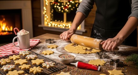 Woman rolling dough for Christmas cookies at home