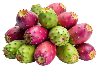 A vibrant pile of ripe prickly pear cactus fruits in various shades of green and magenta isolated on transparent background