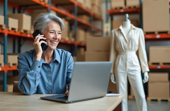 Older female fashion business owner talks on phone using laptop in warehouse. Mature woman seller merchant checks online website order. Happy entrepreneur confirms ecommerce shipping parcel delivery