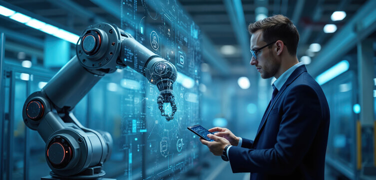 Engineer controls robotic arm using tablet. Manager works with industrial automation, digital interface. Pro monitors software control panel. Factory worker manages manufacture process. Smart