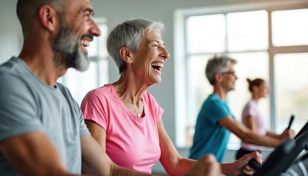 Active seniors laugh while exercising on cardio machines in gym. People maintain healthy lifestyle, enjoying indoor fitness class together, feeling happy.