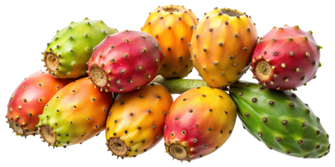 A vibrant cluster of ripe prickly pear cactus fruits in various colors including green red and yellow isolated on transparent background