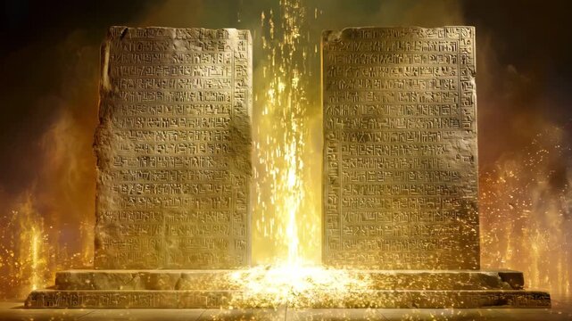 Ancient stone tablets stand amidst flames, showcasing inscriptions that hint at forgotten wisdom