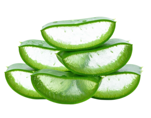 Sliced Aloe Vera, stacked, showcasing translucent gel and vibrant green leaves against a black background