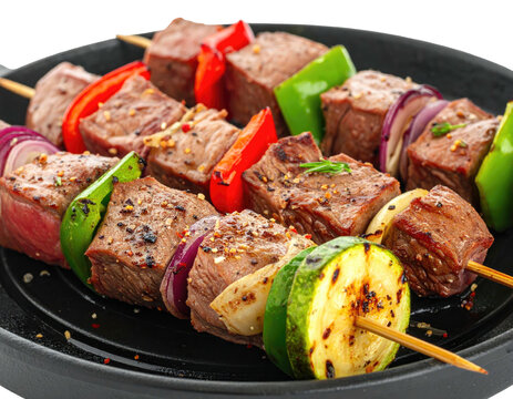 Grilled kebabs on a black plate with red bell peppers, onions, zucchini, and beef