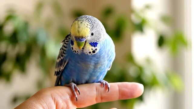 Colorful budgerigar perched on a hand with green foliage in background