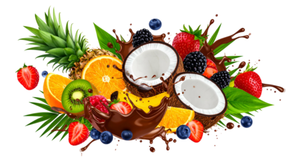 A vibrant splash of assorted fresh fruits with a chocolate cascade