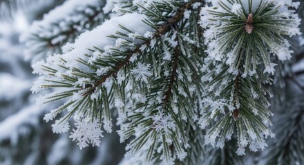 Pine tree branch covered with snow and ice crystals