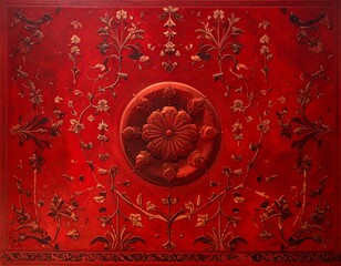 Elegant Blood Red Floral Chinoisserie Background.