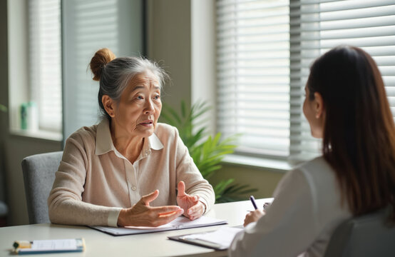 Elderly asian woman discusses health issues with a medical professional. Patient shares symptoms and asks questions during a doctor visit. Doctor listens and records notes at desk.