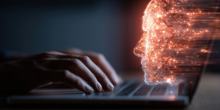 Hands typing on a laptop with a digital human face made of circuits emerging from the screen. Concept of artificial intelligence, human-machine interaction, and emerging digital consciousness.