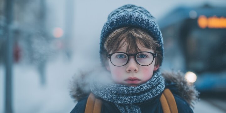 Teen boy in winter clothes waiting at a bus stop with breath visible in cold air. Urban winter scene with chill, solitude, and quiet expectation during everyday life.