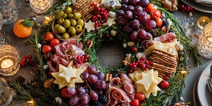Charcuterie board in the shape of a Christmas wreath with fruits, cheese, and meats on rustic wooden table.