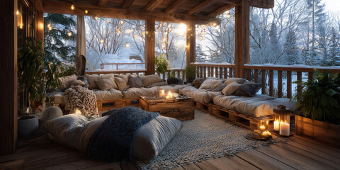 Wooden patio with snow-covered cushions, glowing lanterns and fairy lights in a soft winter twilight. A serene outdoor retreat blending rustic charm and holiday warmth.
