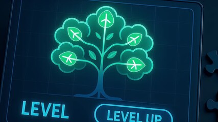 Neon tree illustration on tablet screen with glowing leaf arrows and puzzle pieces, futuristic screen interface showing growth, level up and achievement progress in digital tablet game UI - Powered by Adobe