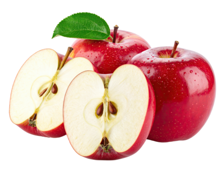 A group of fresh, glossy red apples with one sliced open to show the seed core