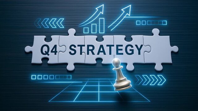 Q4 strategy puzzle pawn chess business planning growth arrow chart neon blue tactical grid upward quarterly growth data chart