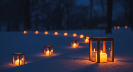 Candle lanterns in the snow create a magical winter scene