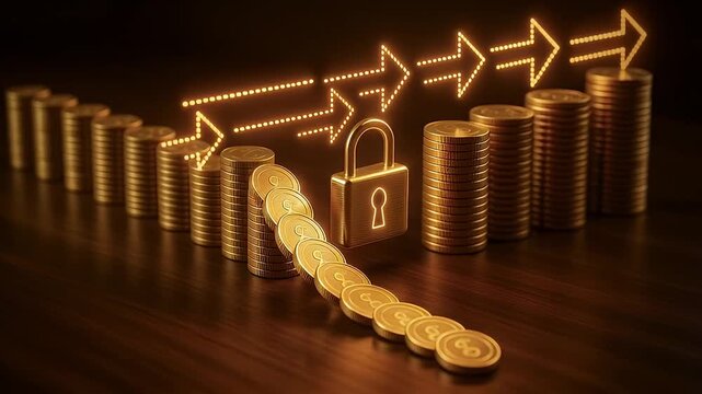 Golden coin stack and padlock with illuminated glowing arrow signs pointing upward indicating secure finance financial growth protection and lock for investment security and savings confidence