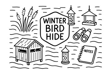 Fototapeta premium Winter bird hide sketch with feeder and binoculars for observation enthusiasts