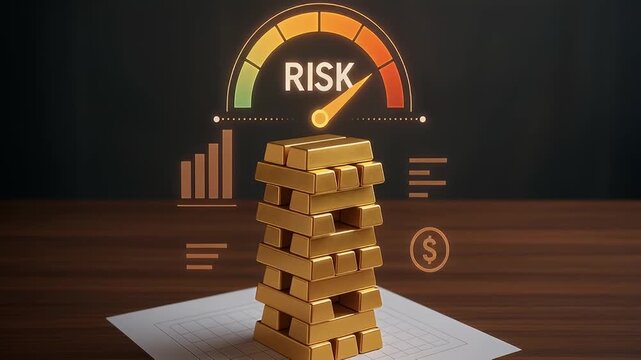 Gold bar tower financial paper with risk gauge indicating high risk and orange indicator, gold bar tower financial chart with risk meter showing high exposure and economic icons, gold bars stacked