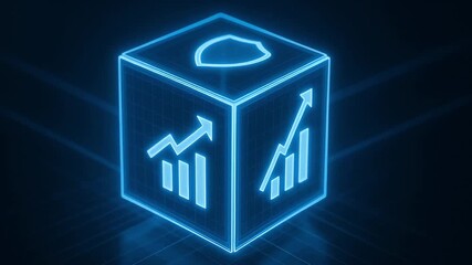 Neon blue cube holographic display of digital data chart and analytics showing financial growth with glowing security shield and currency symbol futuristic neon grid conveying investment protection - Powered by Adobe