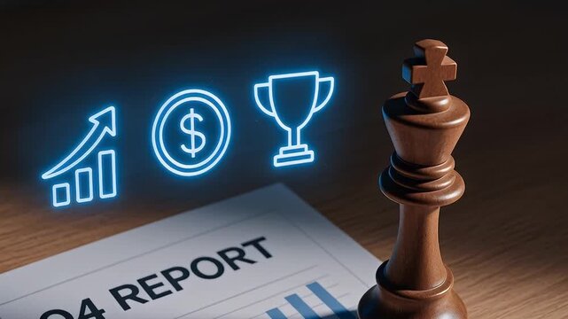 Q4 report wooden chess king on financial chart with glowing growth icons strategy finance financial growth chart showing profit motivation and success