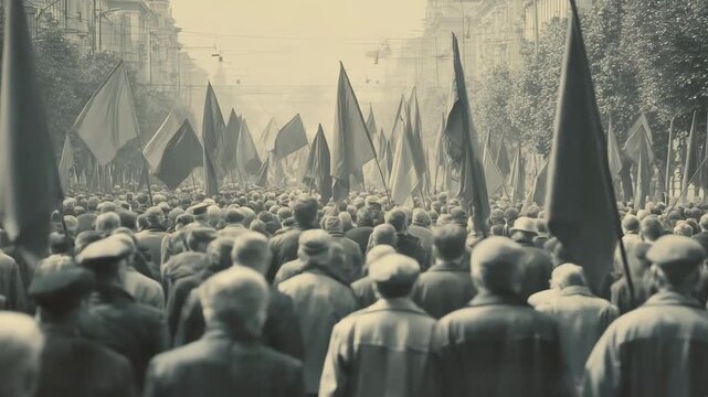 Many people march together holding flags in a historical protest set in a city during