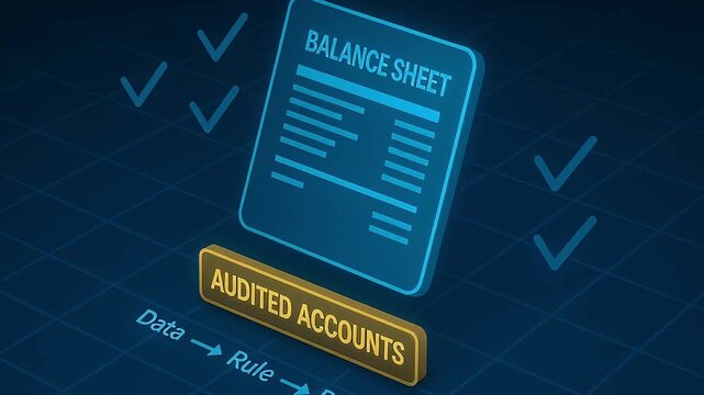 Audited account balance sheet concept showing financial statement accounting audit verification with checklist data flow visualization conveying verified financial reporting compliance and confidence