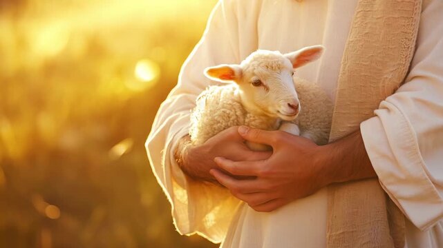 Jesus Christ cradles a young lamb while standing in a peaceful golden field at sunset
