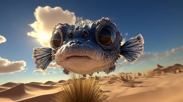Whimsical Desert Dweller: A Curious Fish-Like Creature Gazes on Arid Landscape