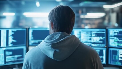 Programmer working on multiple computer screens with code and data in dark digital environment - Powered by Adobe