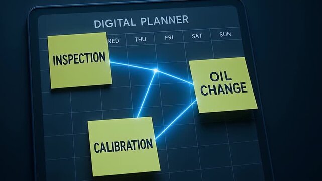 Digital planner sticky note inspection calibration oil change connected by glowing lines on dark tablet schedule conveying maintenance workflow weekly grid organization and urgent scheduled tasks