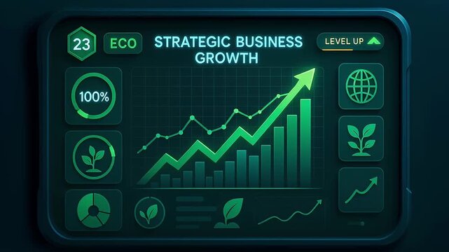 Strategic business growth dashboard showing green upward chart bar graph eco icons conveying sustainable profit increase and environmental metrics strategic business growth dashboard with green eco
