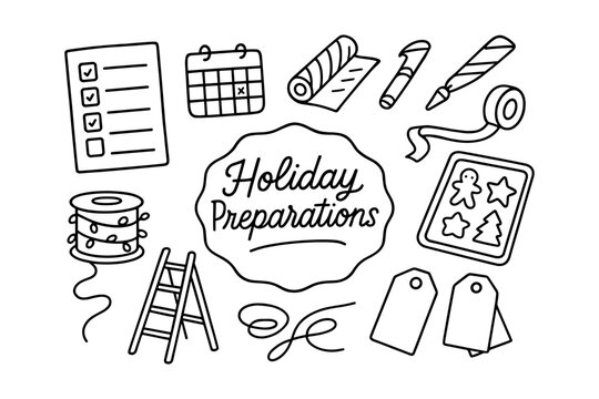 Holiday preparations checklist with festive decorations in linear outline style