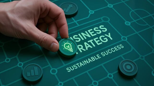 Business strategy sustainable success concept with hand placing idea token network board conveying innovation leadership and growth planning for long term impact and digital strategy board