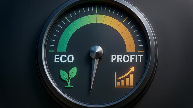 Eco gauge dial balancing sustainability and profit with leaf growth chart meter and rising profit dial for eco business performance and responsible economic growth