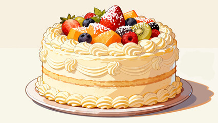 Delicious cream cake, cartoon hand-drawn vector illustrations