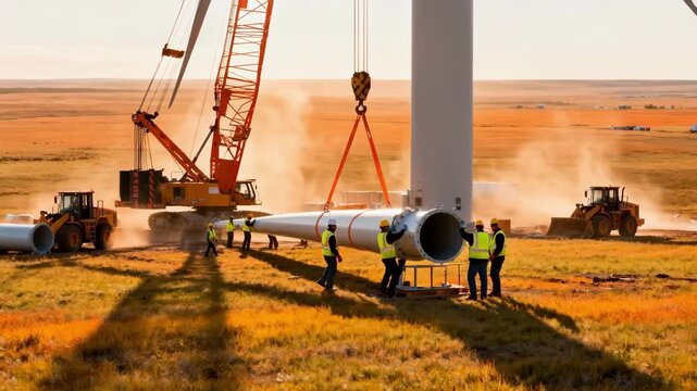 Workers in highvisibility gear assembling turbine towers on open plains with heavy machinery nearby.