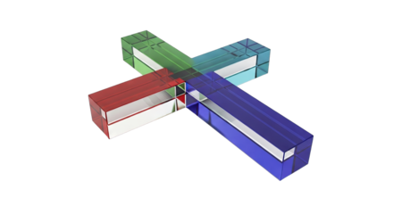A vibrant multicolored glass Christian cross on a white background.