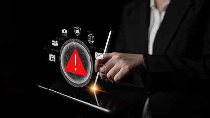 Red warning triangle representing a cybersecurity threat or data breach alert, surrounded by...