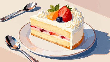 Delicious cream cake, cartoon hand-drawn vector illustrations